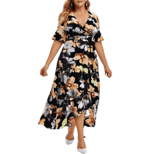 Load image into Gallery viewer, Cap Point black / L / United States Floral Print V-Neck Short Sleeve Irregular Ruffle Hem Summer Dress
