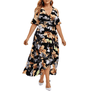 Cap Point black / L / United States Floral Print V-Neck Short Sleeve Irregular Ruffle Hem Summer Dress