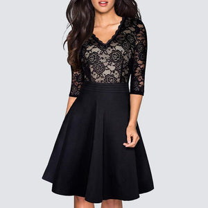 Cap Point Black Lace / S New Vintage Stylish Floral Lace Patchwork Black Party Dress