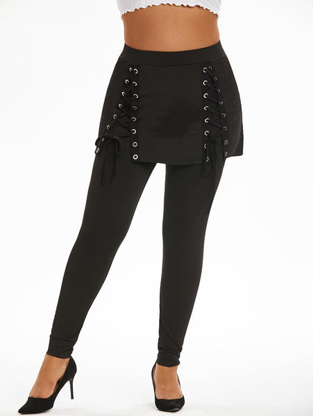 Cap Point Black / M Charmaine High Waist Lace Up 2 In 1 Skirted Leggings Two-Piece Pull On Pants