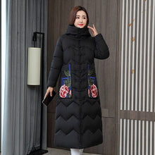 Load image into Gallery viewer, Cap Point black / M New Winter Style Embroidered Cross knee Long Sleeve Hooded jacket
