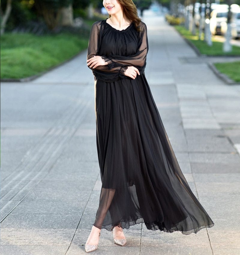 Cap Point black / M Olivia Elegant Flowy Chiffon High Quality Loose Belt Maxi Dress