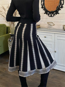 Cap Point Black / One size Belline Knitted Striped Chic Flare Vintage High Waist Elegant Warm Skirt