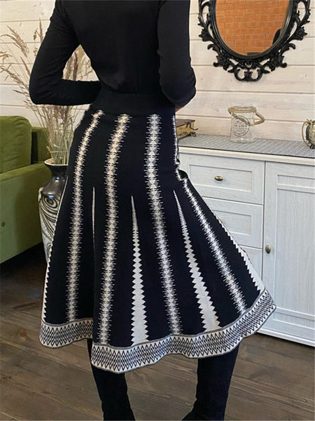 Cap Point Black / One size Belline Knitted Striped Chic Flare Vintage High Waist Elegant Warm Skirt