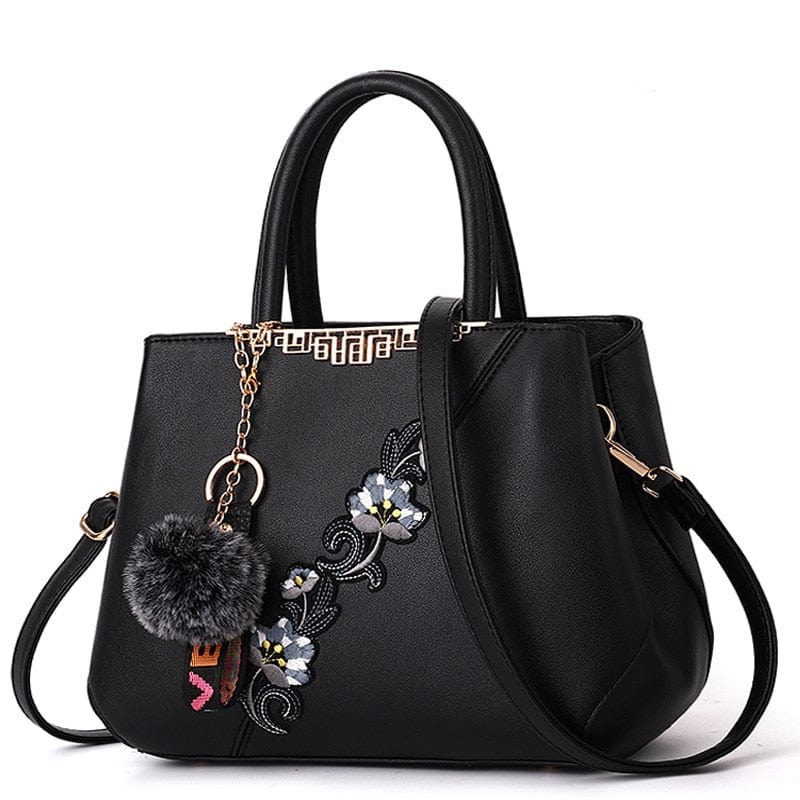 Cap Point Black / One size Denise Leather Embroidered Messenger Tote Bag