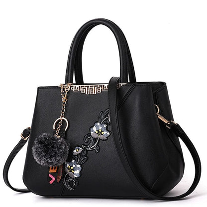 Cap Point Black / One size Denise Leather Embroidered Messenger Tote Bag
