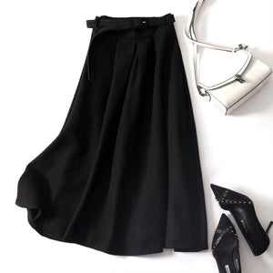Cap Point Black / One Size Elegant High Waist Pleated Solid A-Line Long Skirt With Belt