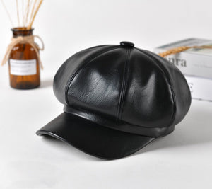 Cap Point Black / One Size Leather Vintage England Style Newsboy Cap