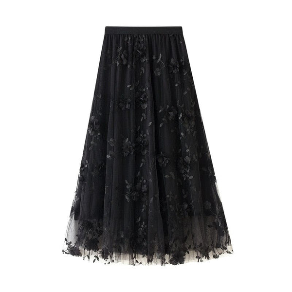 Cap Point black / One Size Luxury style Elastic Waist Appliques Embroidery Floral Mesh Skirt