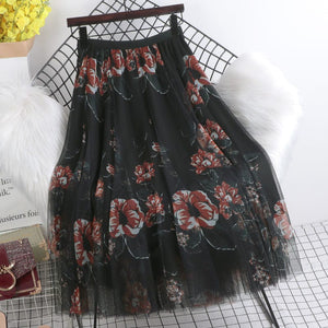 Cap Point Black / One Size Perline Floral Tulle High Wasit Pleated A-Line Maxi Skirt