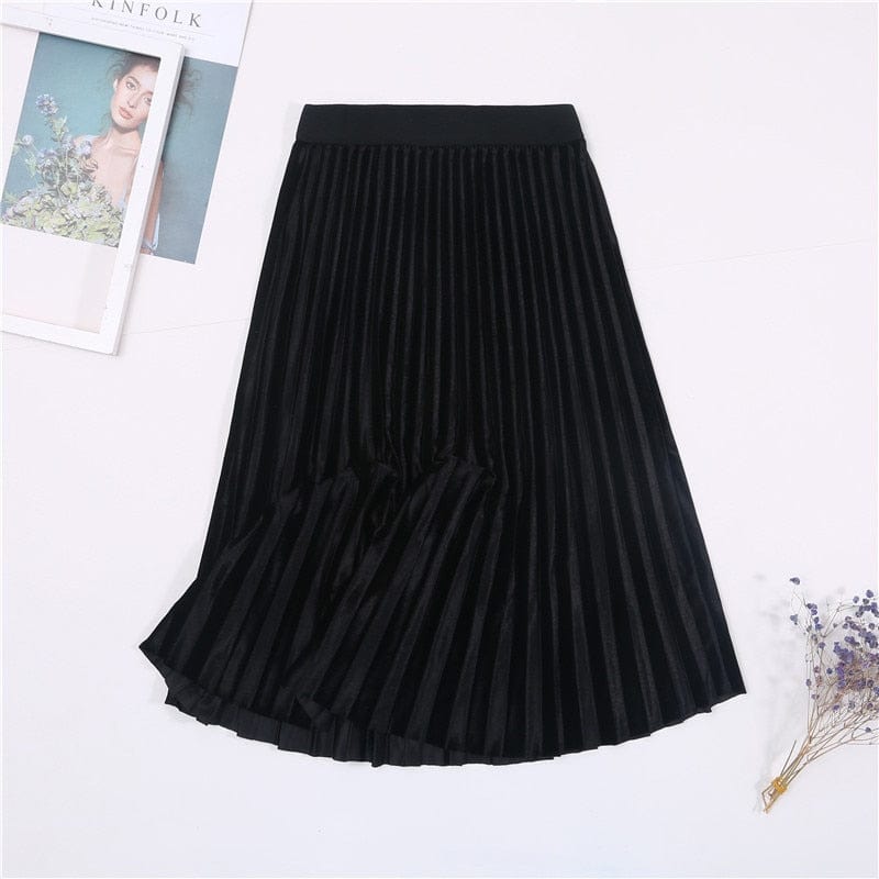 Cap Point Black / One Size Vintage Velvet High Waisted Elegant Pleated Skirt