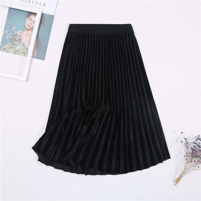 Cap Point Black / One Size Vintage Velvet High Waisted Elegant Pleated Skirt