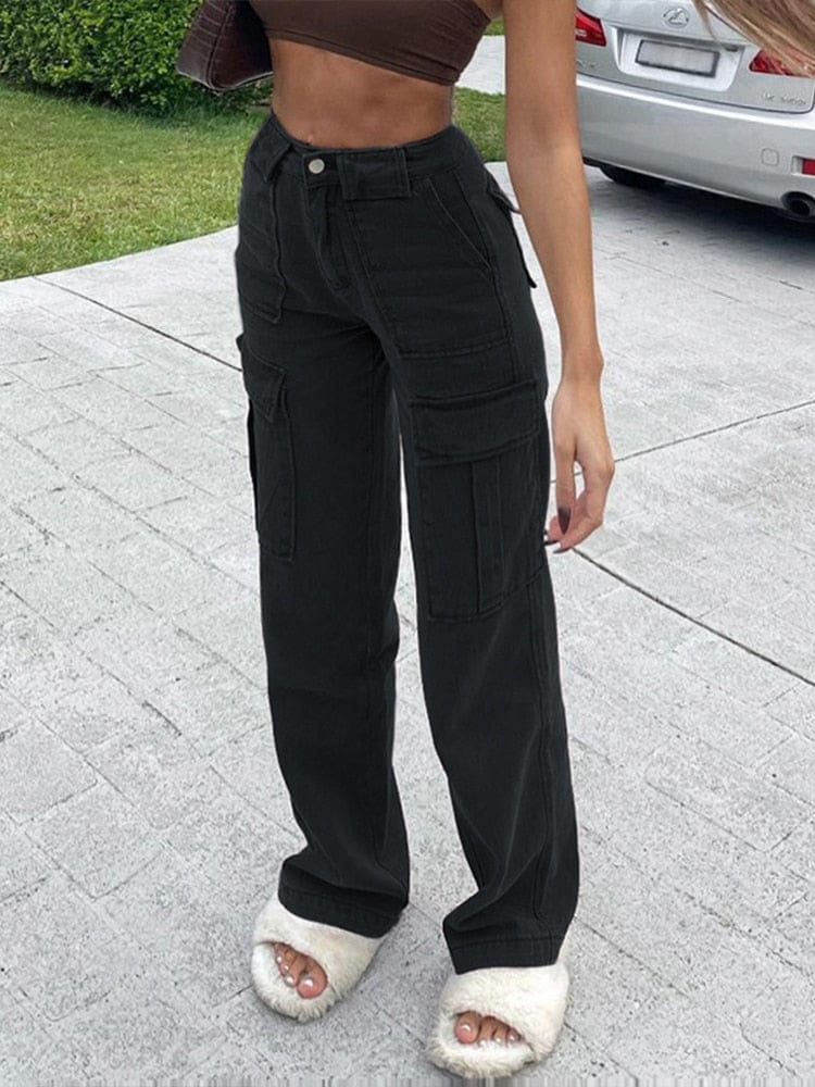 Cap Point Black-Pockets / S Vintage Streetwear Pockets Wide Leg Baggy Cargo Jeans Pants
