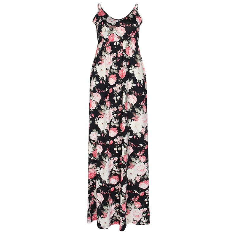 Cap Point Black Red / S Melania Loose Boho Spaghetti Strap Sleeveless Maxi Dress