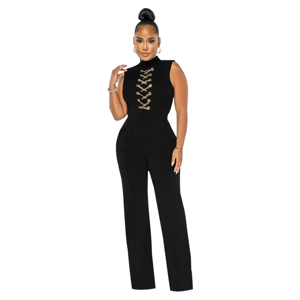 Cap Point Black / S Anita Solid O Neck High Waist Wide Leg Pant Jumpsuit