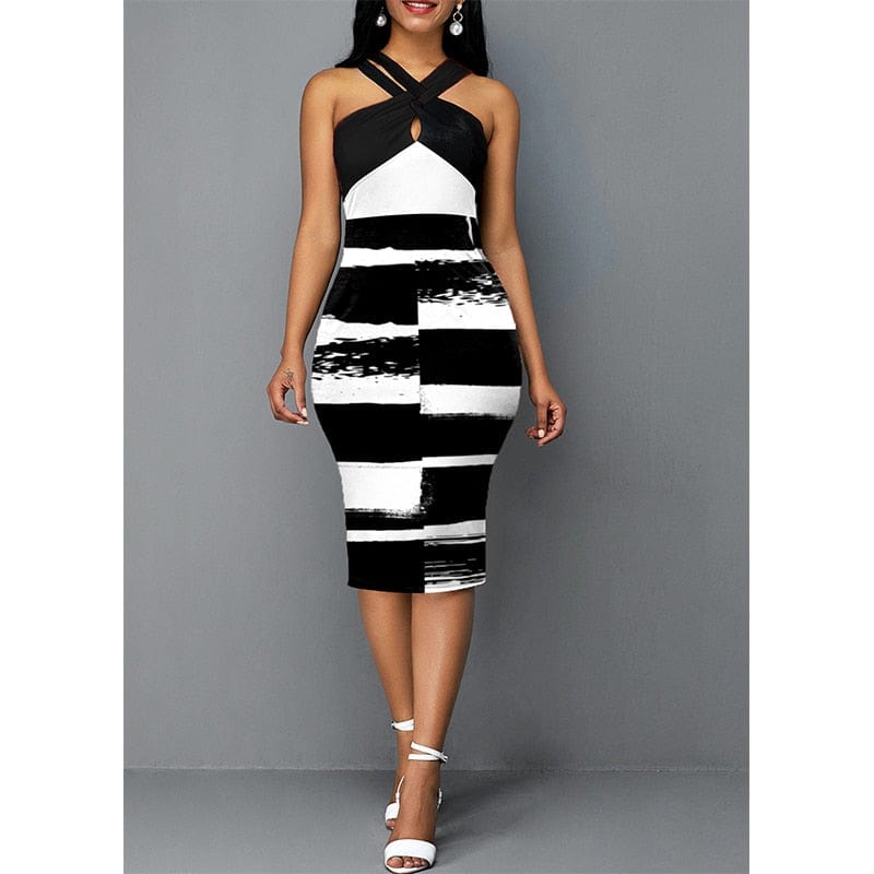 Cap Point Black / S Belinda Halter Party Tank Sleeveless Patchwork Bodycon Midi Dress