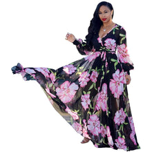 Load image into Gallery viewer, Cap Point Black / S Benita Summer V-Neck Print Sashes Long Maxi Dress
