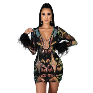 Cap Point black / S Cheffe Fashion Design Sequins Sparkly V-neck Feather Long Sleeve Celebrity Party Mini Dress