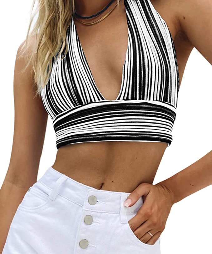 Cap Point black / S Deep V Neck Bandage Backless Halter Tank Crop Top