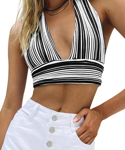 Cap Point black / S Deep V Neck Bandage Backless Halter Tank Crop Top