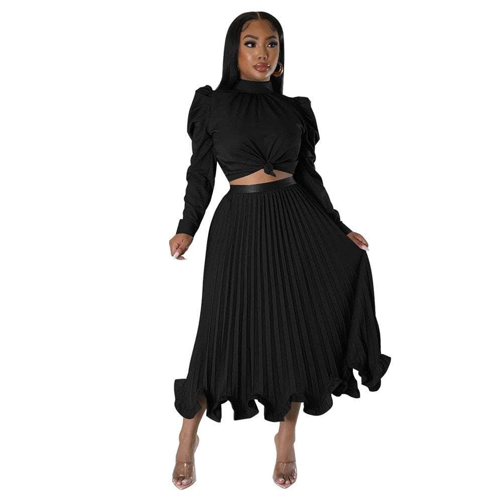 Cap Point Black / S Dinanga Elegant Slim Two Piece Solid Satin Puff Sleeve Top Ruffle Dress