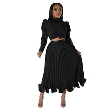 Load image into Gallery viewer, Cap Point Black / S Dinanga Elegant Slim Two Piece Solid Satin Puff Sleeve Top Ruffle Dress
