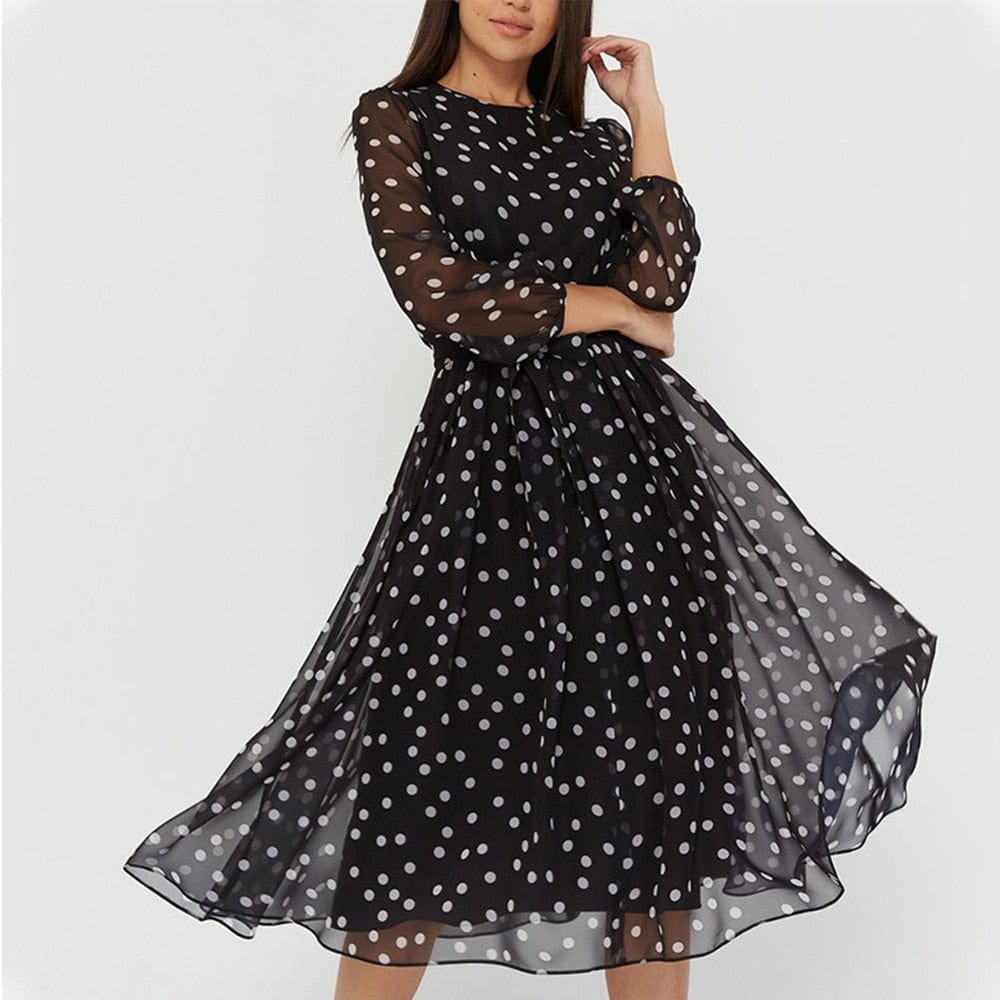 Cap Point black / S Elegant Dot Print Long Sleeve A-line Dress Party Dress