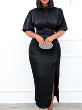 Load image into Gallery viewer, Cap Point black / S Elegant high neck short sleeve slit evening dress
