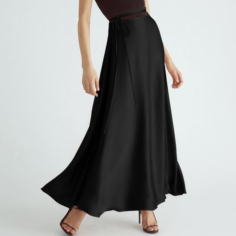 Cap Point Black / S Elegant high waist high slit satin maxi skirt