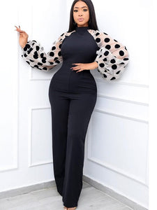 Cap Point Black / S Elegant Office Lady Patchwork Sleeves Jumpsuit