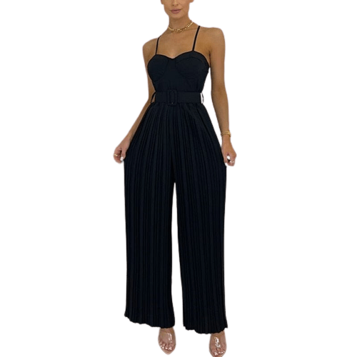 Cap Point Black / S Elegant Spaghetti Strap Solid Color Slim Fitting Belted Wide Leg  Jumpsuit