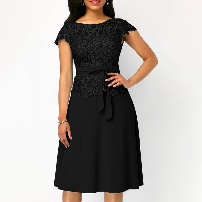 Cap Point black / S Elegant Women Fashion Bow Lace Patchwork Dress with Belt
