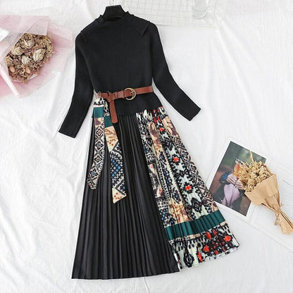 Cap Point black / S Elisa Knitted A-line Long Sleeve Pleated Sweater Dress