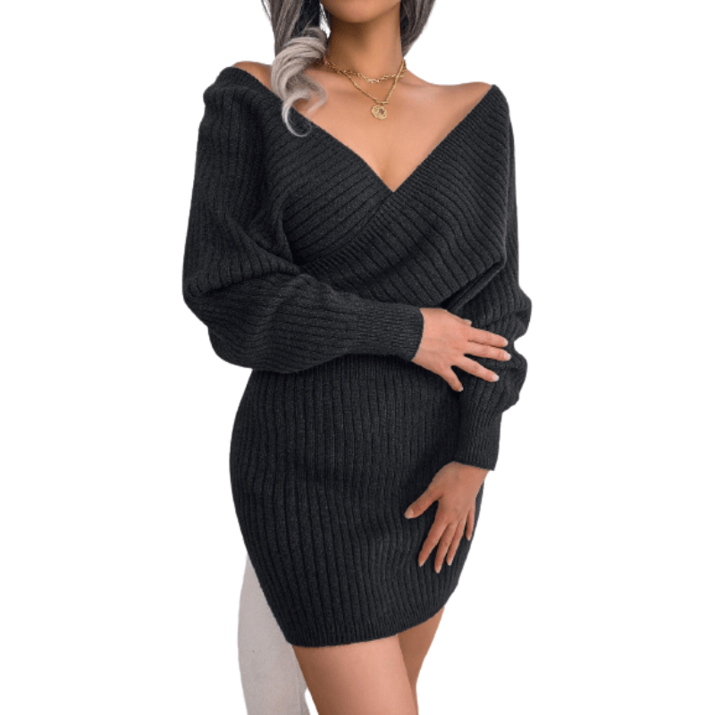 Cap Point Black / S Elisa Long Batwing Sleeve Slim Elastic Knitted Sweater Dress