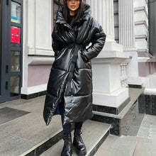 Load image into Gallery viewer, Cap Point Black / S Emery Elegant Faux Leather Hooded PU Parkas Tie Belt Coat
