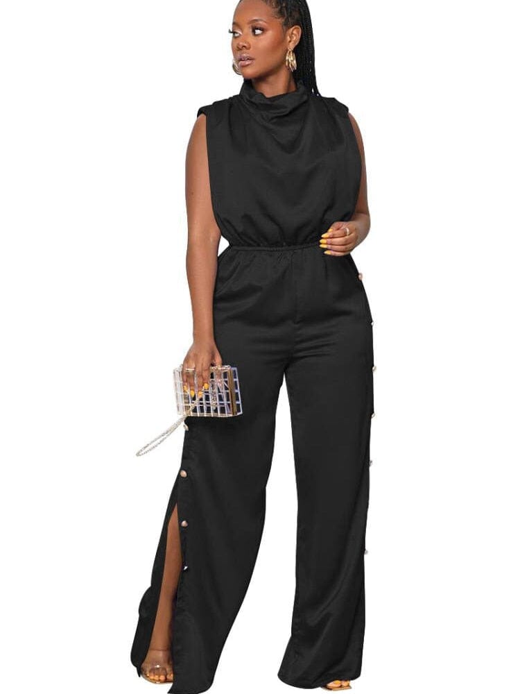 Cap Point Black / S Emilie Pile Neck Elastic Waist Wide Leg Split Sleeveless One Piece Overall Romper