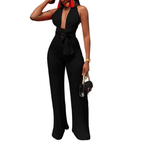 Cap Point black / S Genevieve Sexy Wide Leg Sleeveless Lace Up V-Neck Multi Way Jumpsuit
