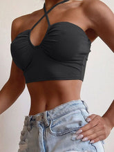 Load image into Gallery viewer, Cap Point black / S Gina Sexy Solid Lace Up Bow Halter Ruched Crop Top
