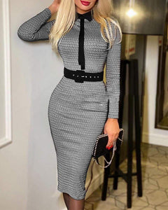 Cap Point Black / S Houndstooth V-Neck Bodycon Work Dress with Belt