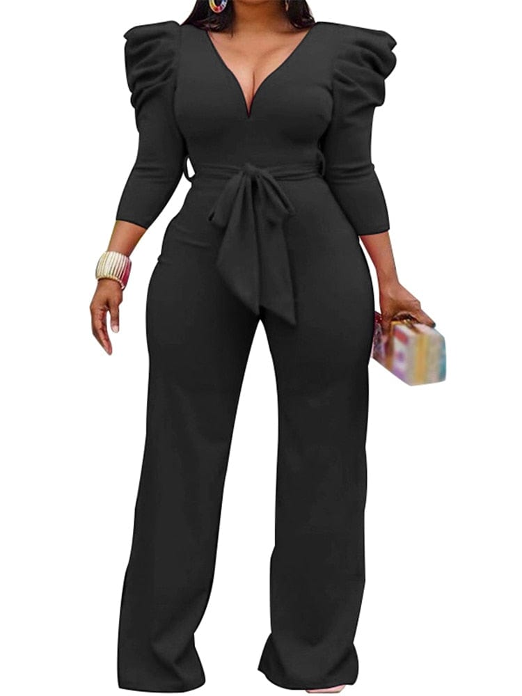 Cap Point Black / S Janelle Vintage Puff Sleeve Long Wide Leg Deep V NeckPlaysuits