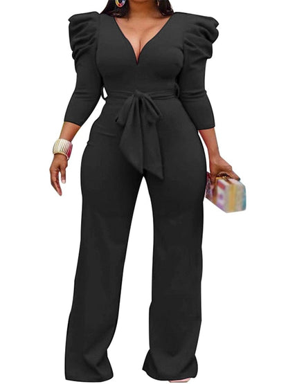 Cap Point Black / S Janelle Vintage Puff Sleeve Long Wide Leg Deep V NeckPlaysuits