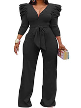 Load image into Gallery viewer, Cap Point Black / S Janelle Vintage Puff Sleeve Long Wide Leg Deep V NeckPlaysuits
