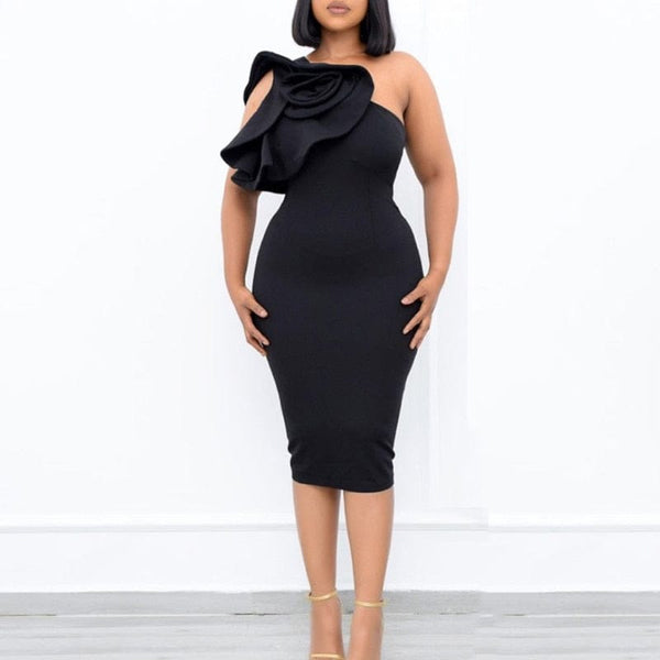 Cap Point black / S Jemima One Shoulder Sleeveless Big Flower Solid Bodycon Slim Fit Dress