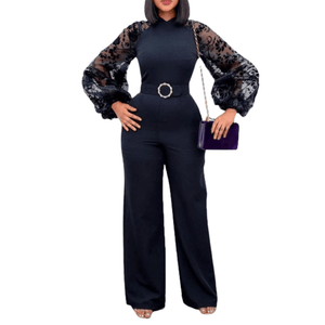 Cap Point Black / S Judith High Waist Long Sleeve Lace Patchwork Jumpsuit