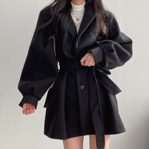 Cap Point black / S Julienne Trendy Fashionable Wool Blend Chunky Waist V-Neck Coat