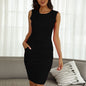 Cap Point Black / S Katherine Ladies Casual Sleeveless Pockets with Belt Pencil Mini Dress