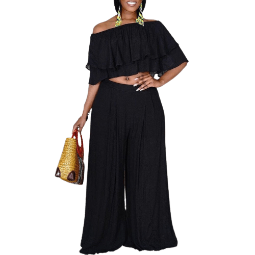Cap Point Black / S Kristine Oversized 2 Piece Loose Wide Leg Pants Fashion Off Shoulder Crop Top