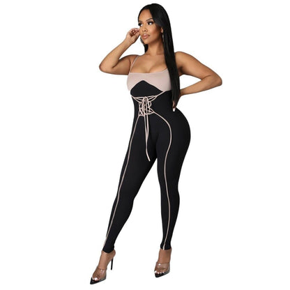 Cap Point Black / S Linton European Style Sleeveless Patchwork Jumpsuit