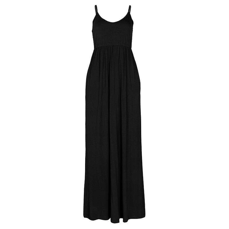 Cap Point Black / S Melania Loose Boho Spaghetti Strap Sleeveless Maxi Dress