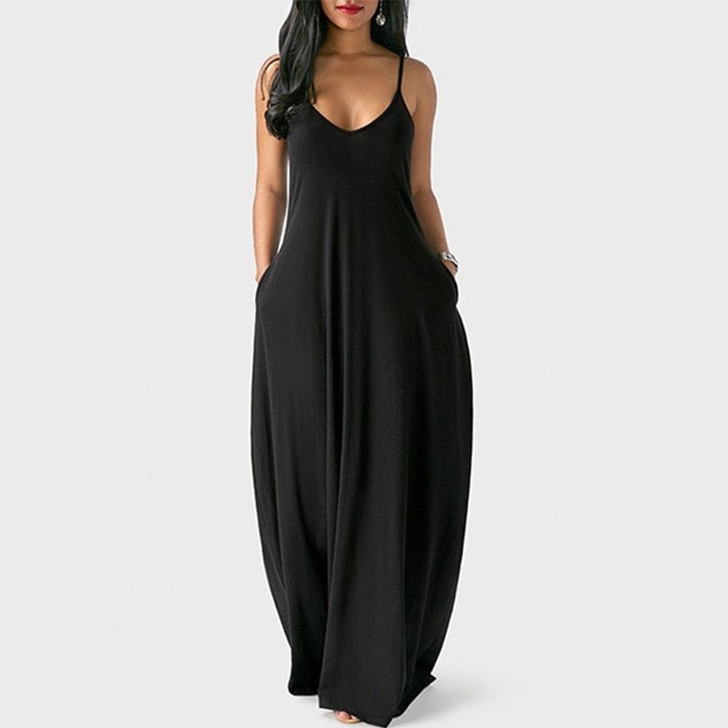 Cap Point Black / S Melania Sexy Bohemian Loose Sleeveless V-Neck Strappy Maxi Dress